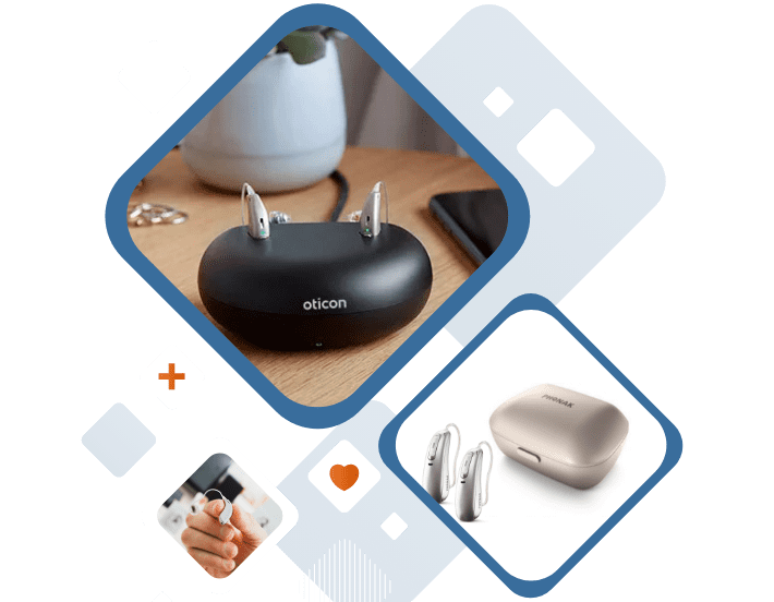 Hearing aids collage from different manufacturers